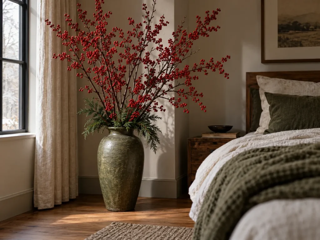 Red Winterberry Branches in a Floor Vase