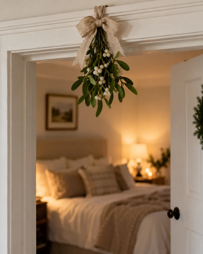 Subtle Doorway Mistletoe Tied with Raw Linen