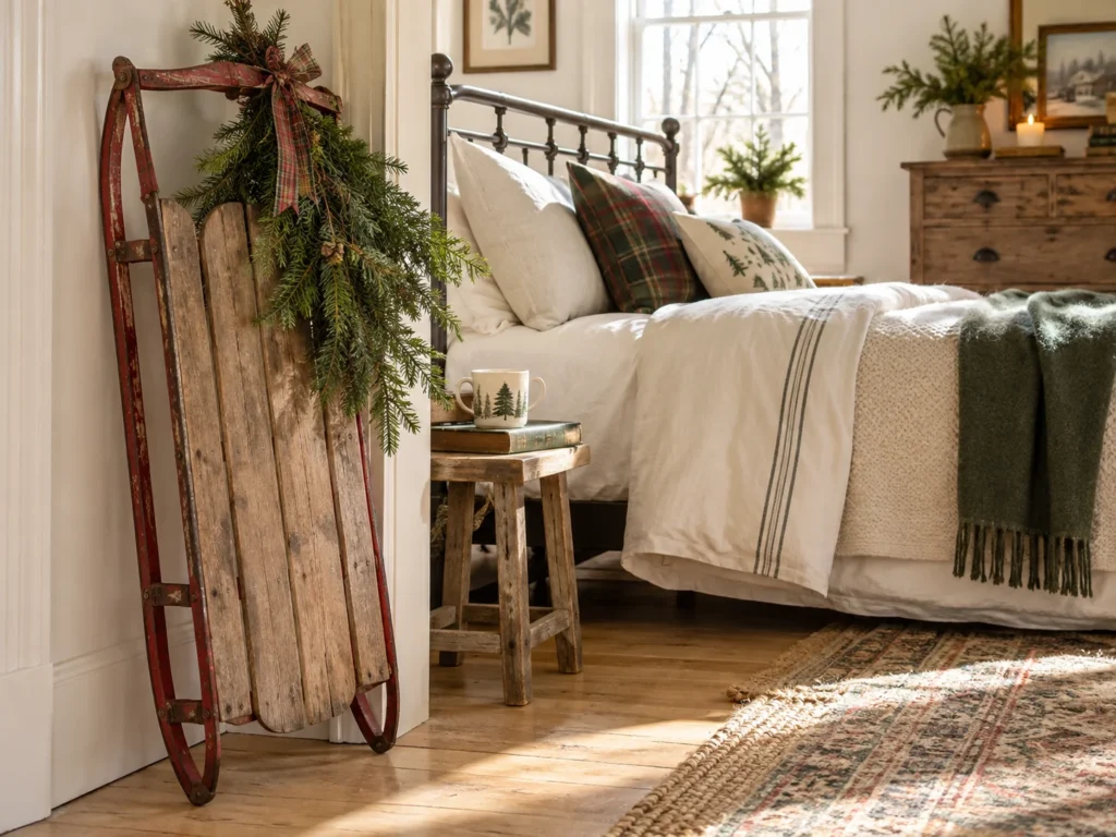The Antique Wooden Sled by the Bed
