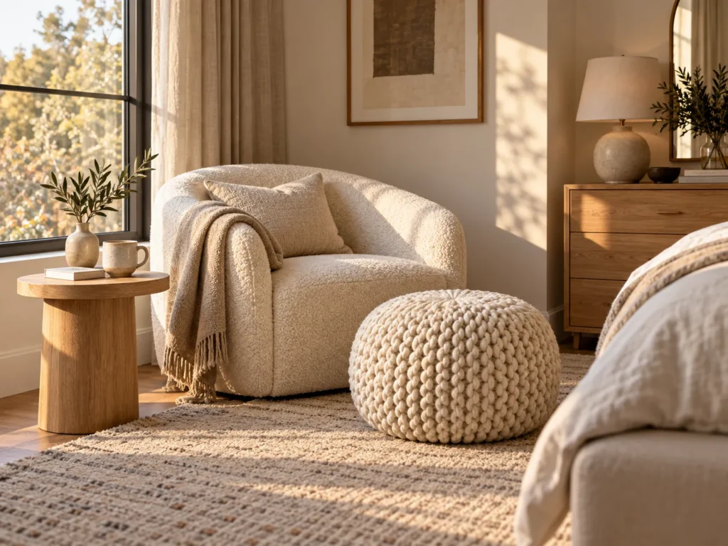 The Bouclé Chair and Knit Pouf Corner
