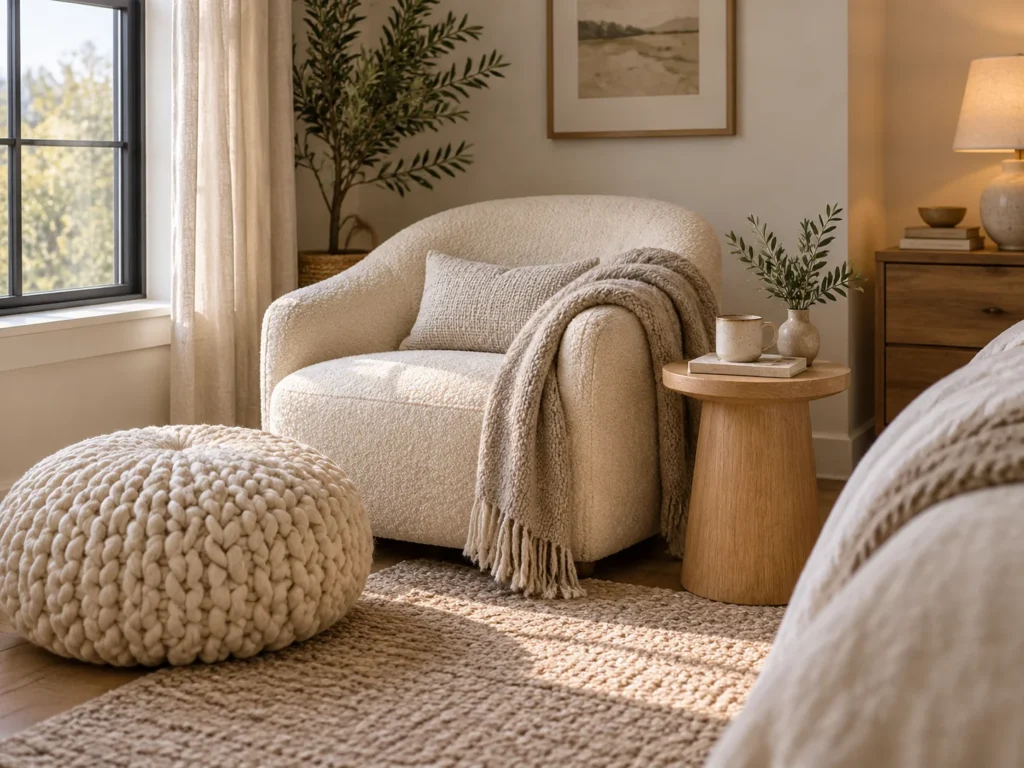 The Bouclé Chair and Knit Pouf Corner