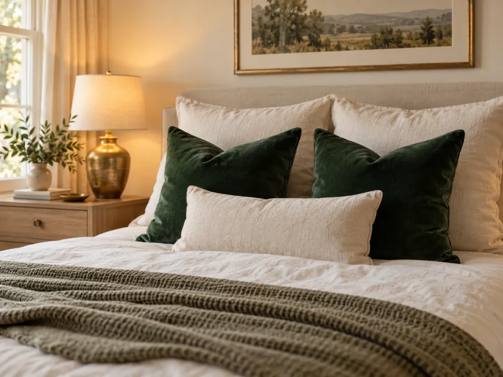 The Emerald Velvet Pillow Stack with a Brass Glow