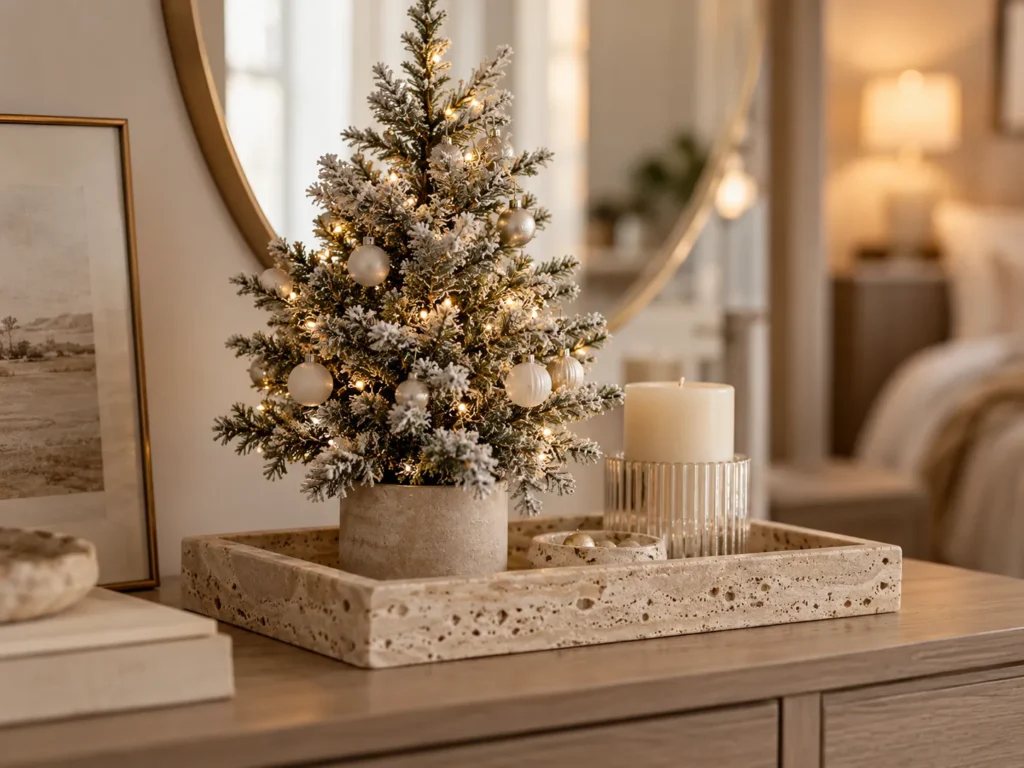 The Flocked Mini Tree on a Travertine Tray