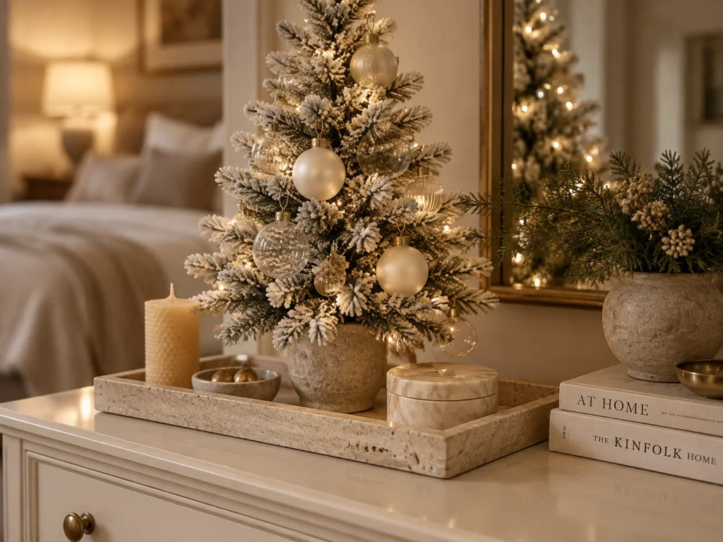 The Flocked Mini Tree on a Travertine Tray