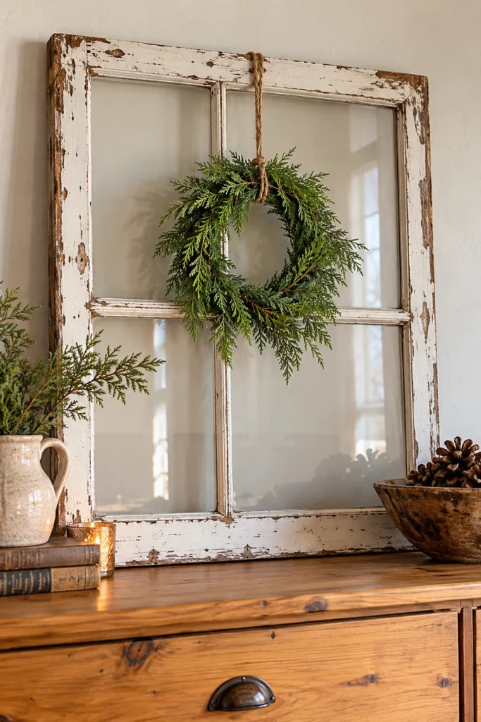 The Old Window Frame with a Mini Wreath