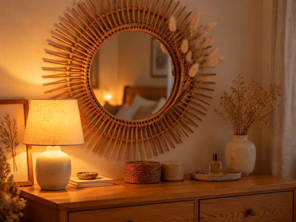The Rattan Sunburst Mirror with Dried Grass