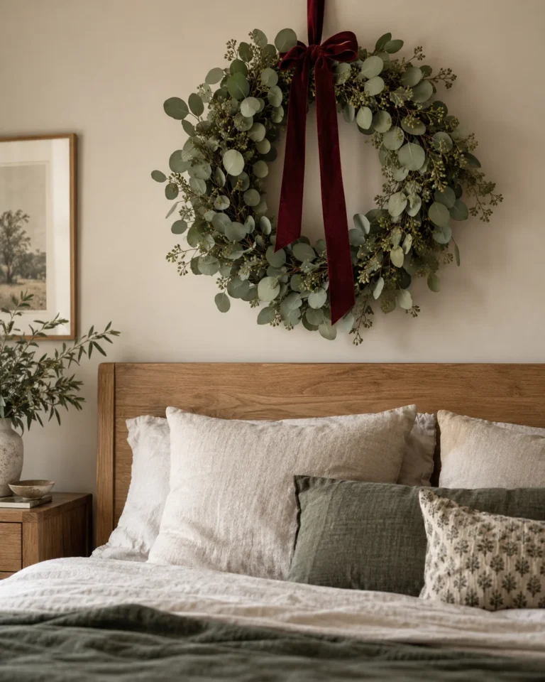 Velvet Ribbon Eucalyptus Wreath Above Headboard