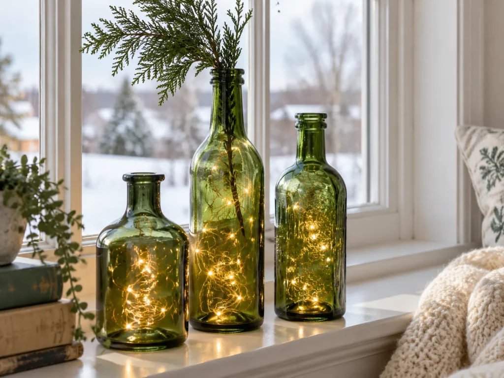 Vintage Green Glass Bottles with Micro Lights