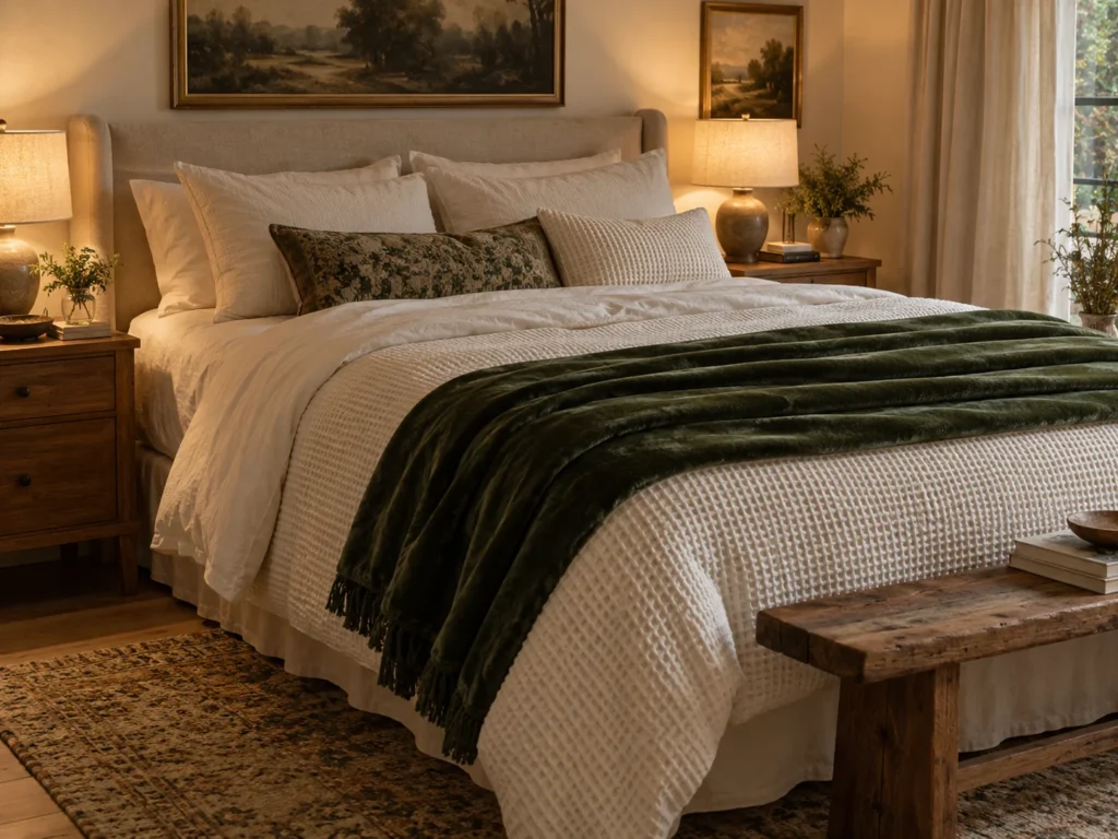 Waffle Bedding With a Deep Green Velvet Throw
