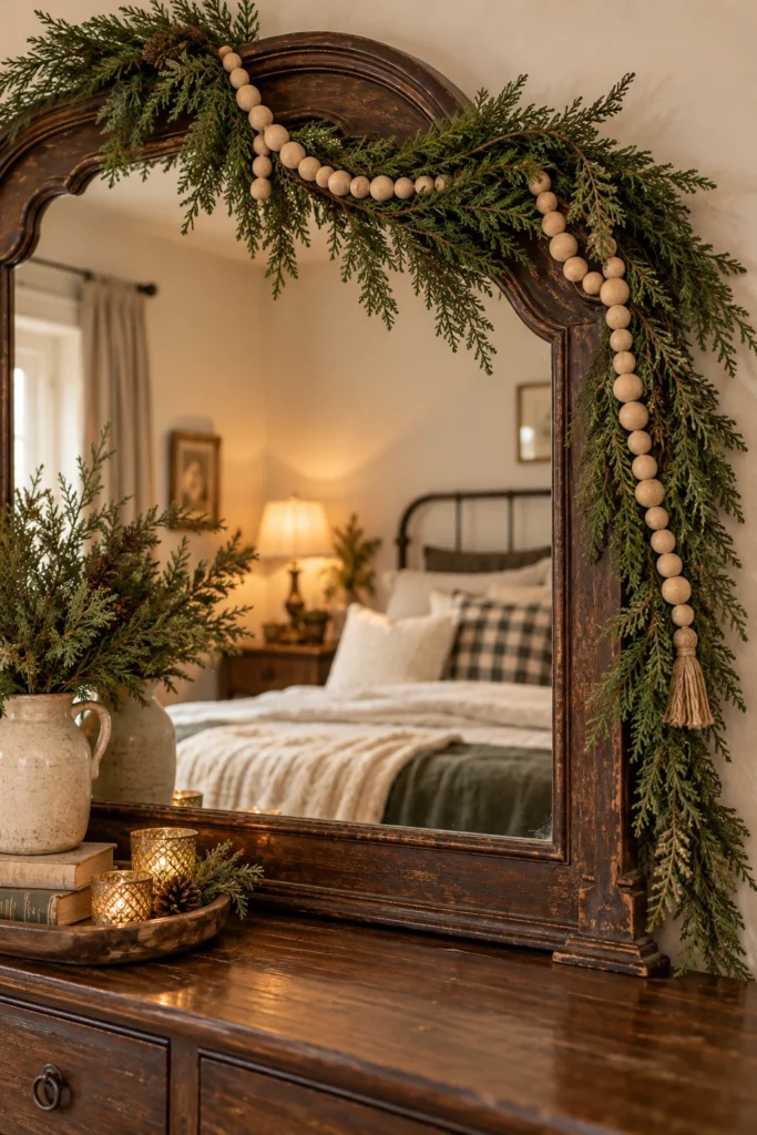 Wooden Bead and Cedar Garland Over a Mirror
