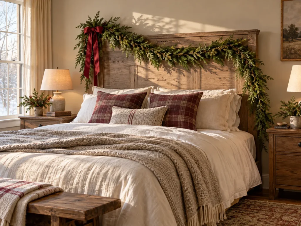 Asymmetrical Draped Cedar Swag with Frayed Ribbon