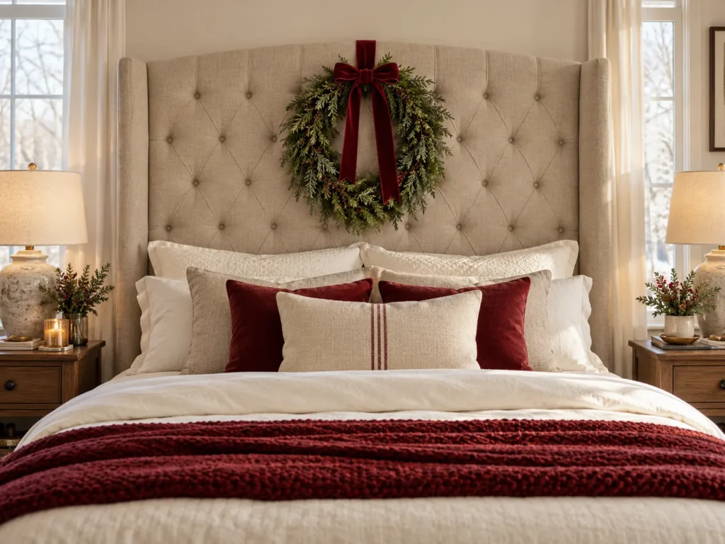 Centered Velvet-Tied Wreath on a Tufted Headboard