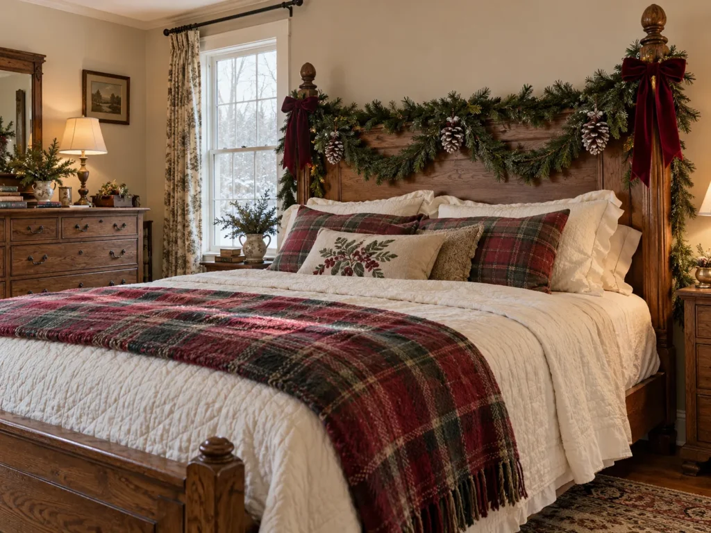 Double-Layered Pine Garland Wrapped Around Bedposts