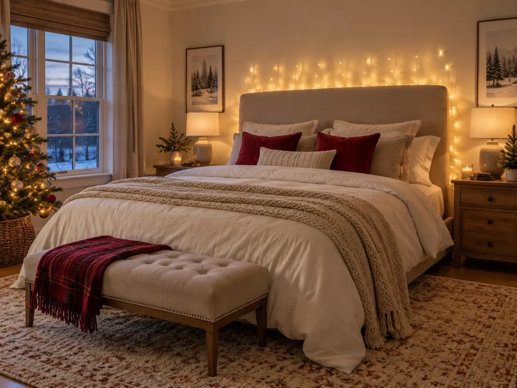 Fairy Light Curtain Glowing Behind the Headboard