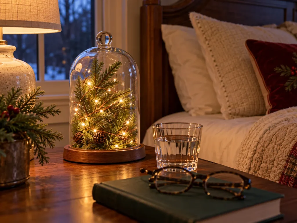Glass Cloche with Evergreen and Fairy Lights