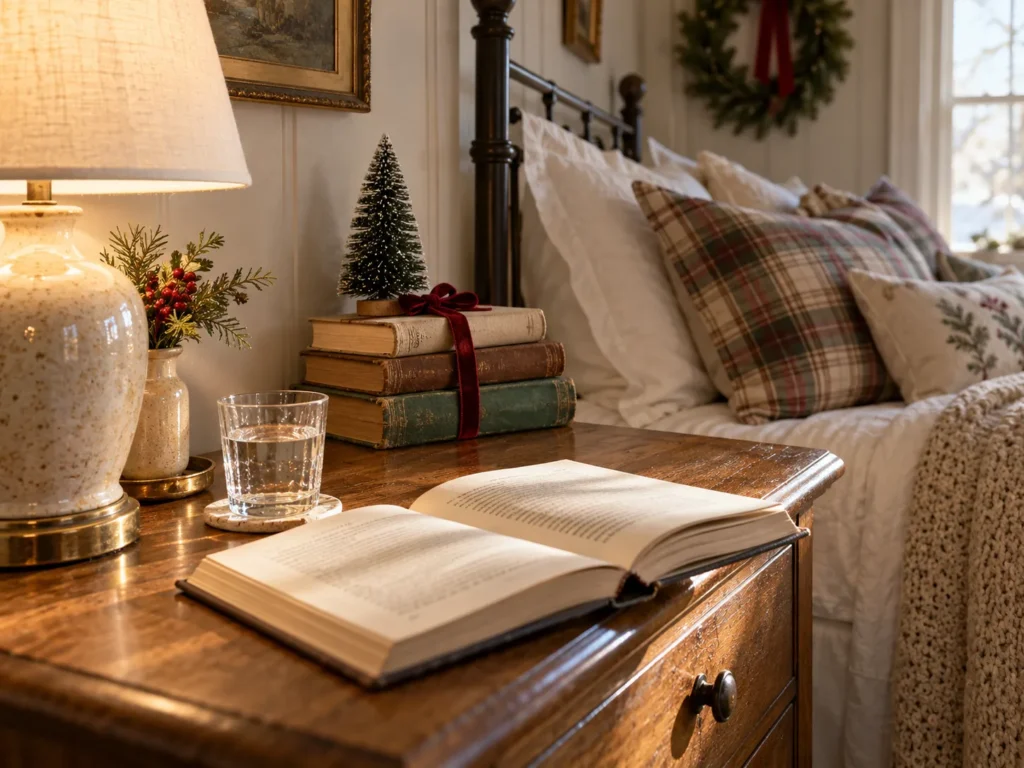 Holiday Book Stack with a Mini Bottle Brush Tree