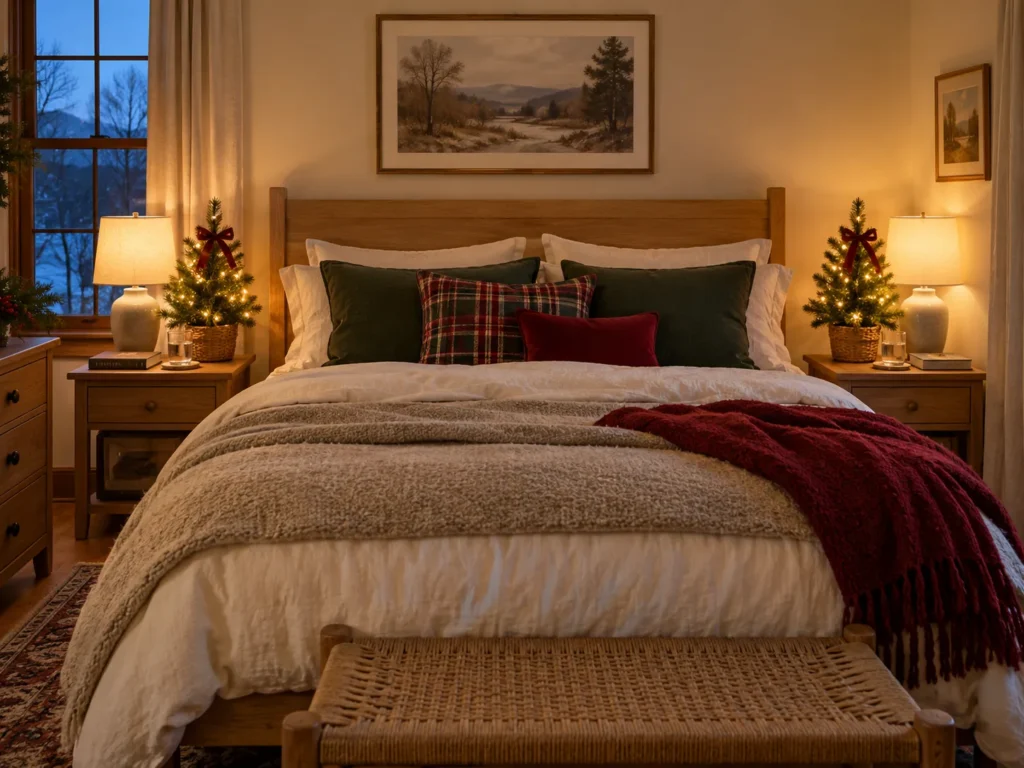 Mini Lit Christmas Trees Flanking the Bed