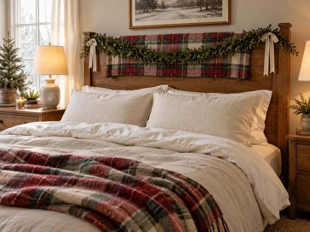 Plaid Throw and Boxwood Garland Layer