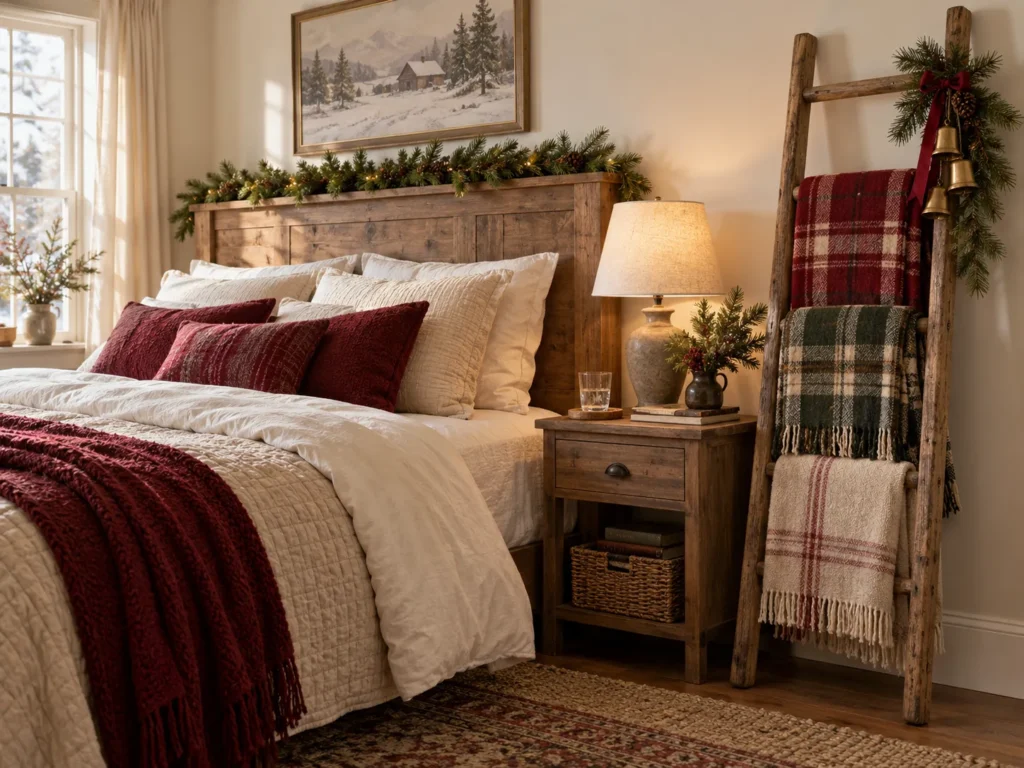 Rustic Blanket Ladder Beside the Headboard