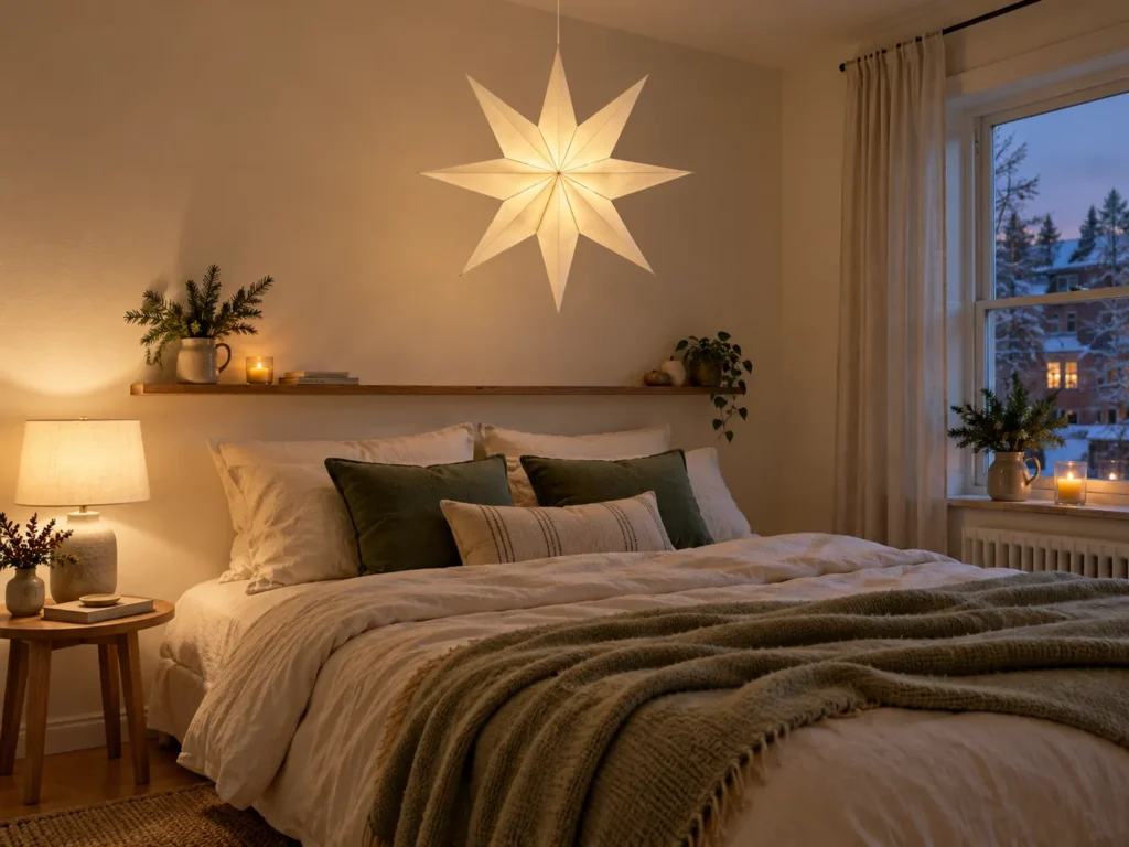 Suspended Paper Star Above a Bed Without a Headboard